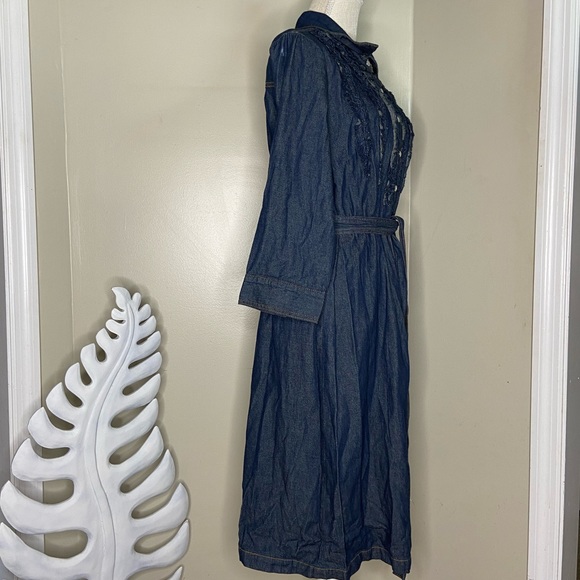 Indigo Blue Tuxedo Snap Front Denim Jean Belted Dress Size 16 - Picture 3 of 5